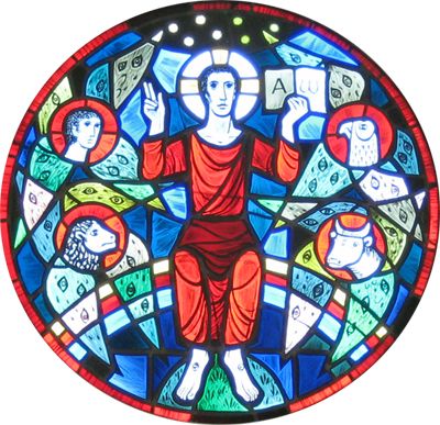 Glasbild „Thronender Christus“ von Renate Strasser 1977 in der Ev.-Luth. Michaeliskirche in Talle. Bild
